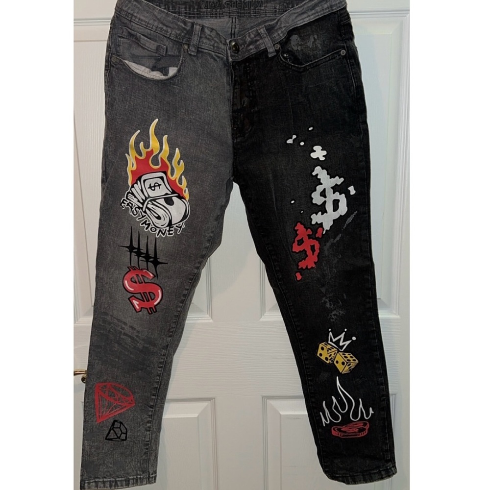 Graphic Black and Gray Jeans with Red Accents
